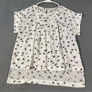 Abound Women’s White and Black Patterned Pleated Blouse, high low hemline,size S